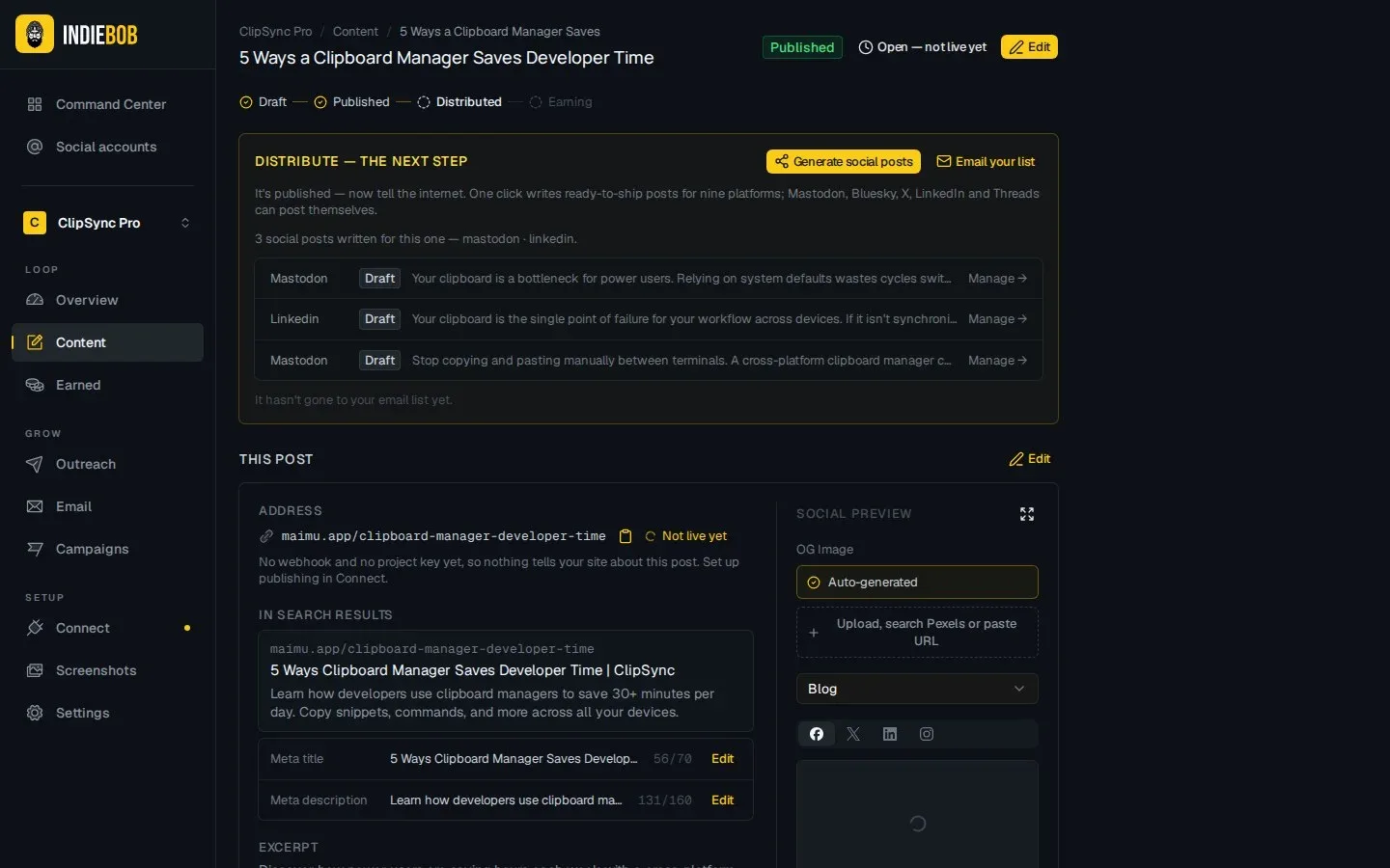 A published post in IndieBob with its next step, Distribute, and the social drafts waiting for approval (a demo project)