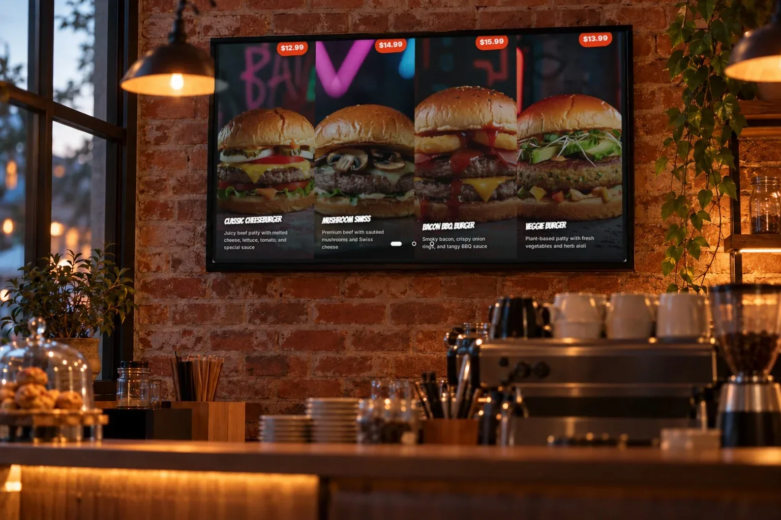 MenuMog's demo menu board on a café TV. The café is an illustration; the board is MenuMog's real demo